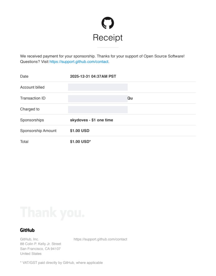 GitHub Sponsors Receipt